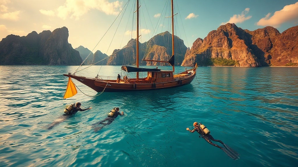 Divers surfacing beside a phinisi liveaboard anchored in Komodo National Park at golden hour